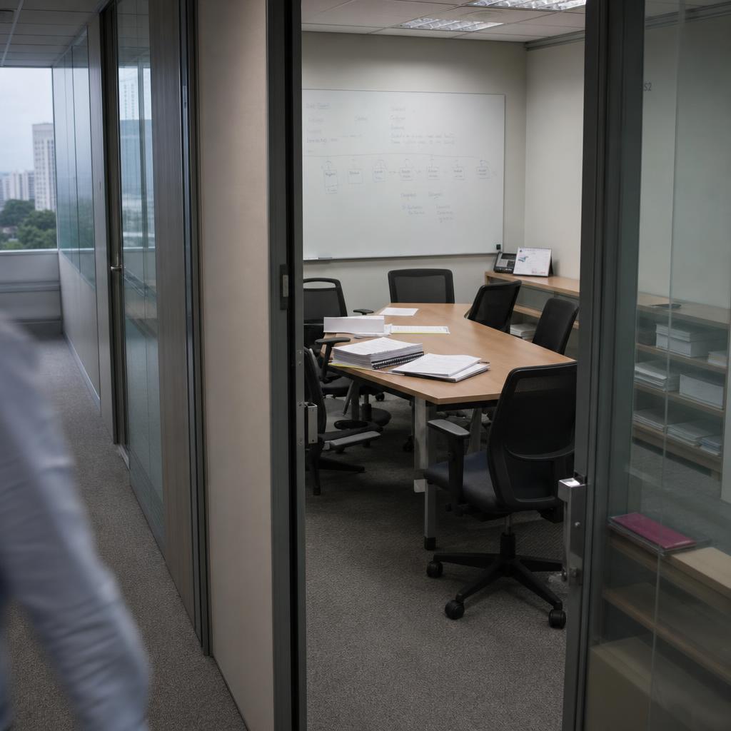 Sala de reunião pequena com paredes de vidro em escritório de médio porte, vista do corredor, com mesa contendo binders de orçamento impressos e cadeiras desalinhadas após uma reunião