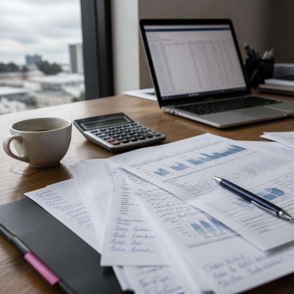Mesa de trabalho com pitch deck impresso e anotado à mão, calculadora, notebook com planilha desfocada na tela e xícara de café pela metade