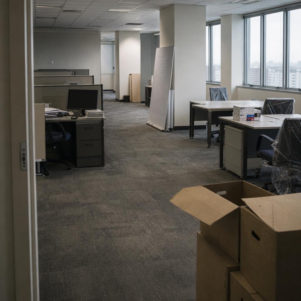Andar de escritório em reorganização, com mesas antigas de um lado, mesas novas ainda embaladas do outro, caixas de mudança empilhadas e um quadro branco enrolado encostado em uma coluna, sem pessoas presentes