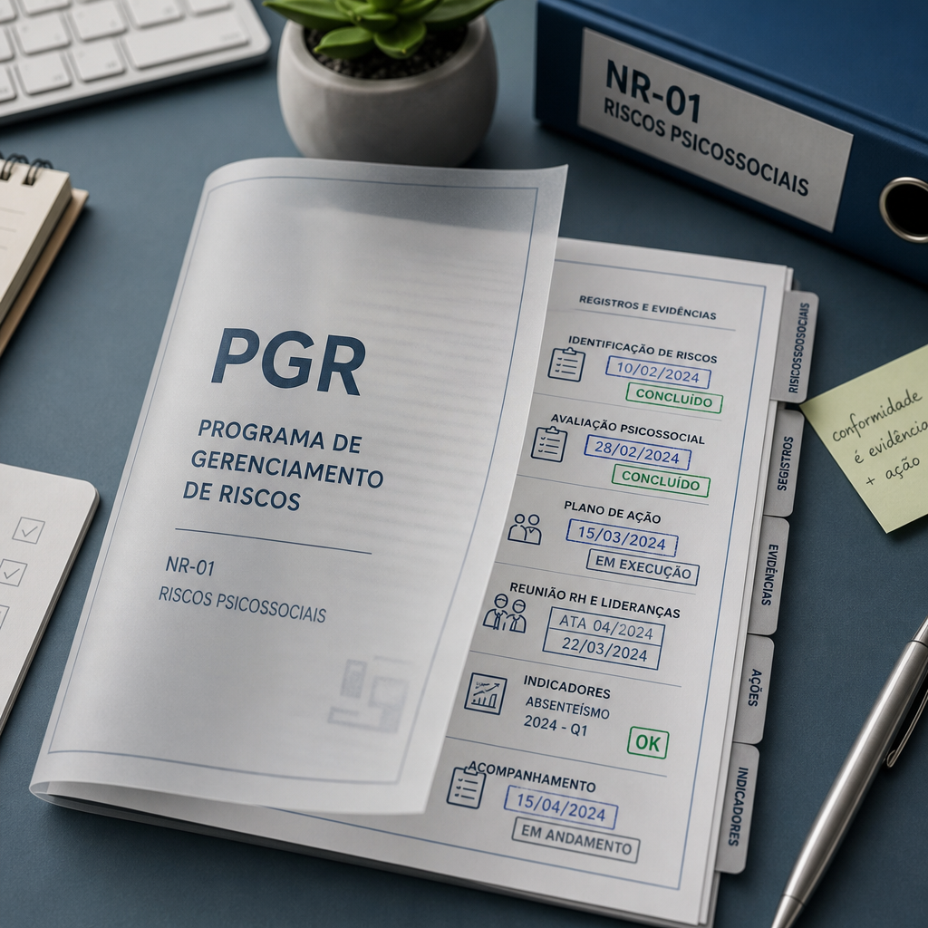 Conformidade auditável em riscos psicossociais: documento PGR transparente revela trilha de registros e evidências sobre mesa de RH, sem pessoas, editorial e sofisticado.