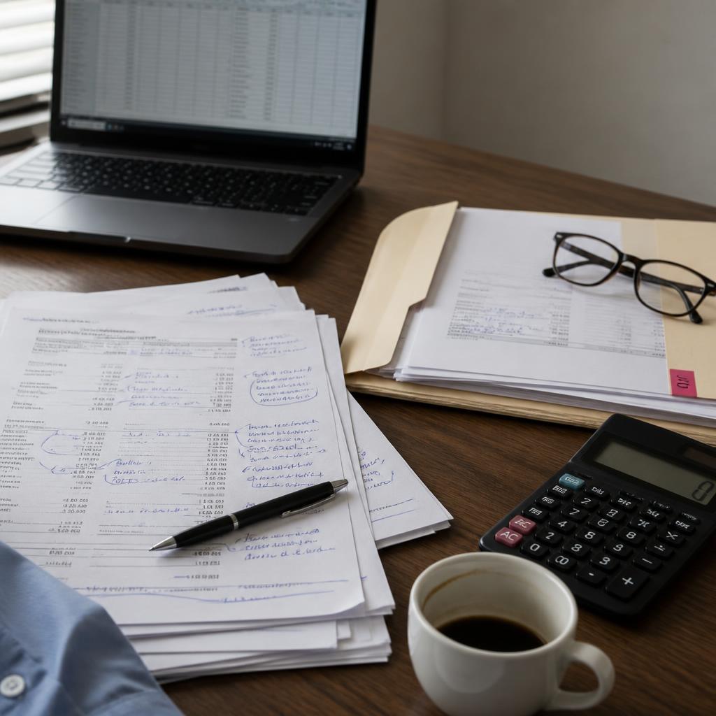 Mesa de trabalho com demonstrações financeiras impressas e anotadas à mão, calculadora, xícara de café, pasta aberta com documentos e um laptop fechado, sob luz natural difusa