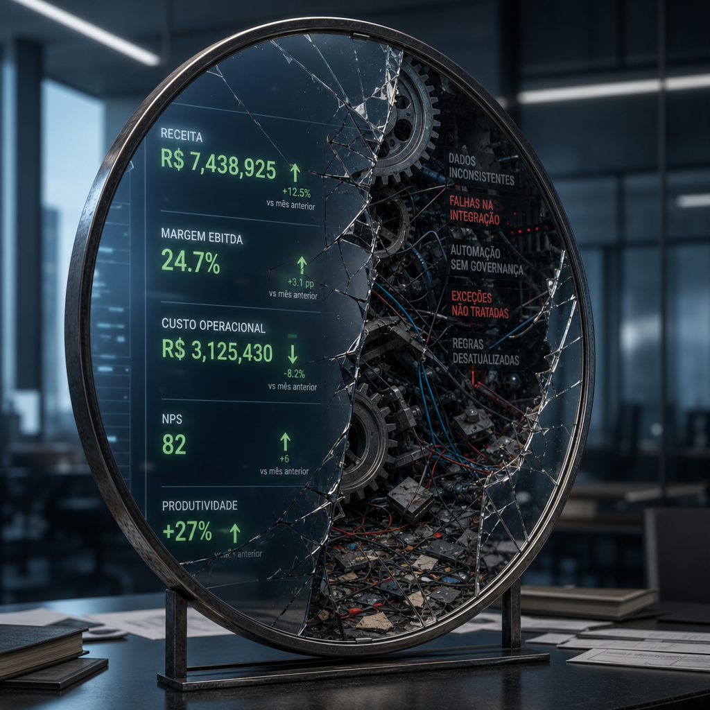 KPIs distorcidos por IA: espelho rachado reflete indicadores perfeitos, engrenagens caóticas atrás