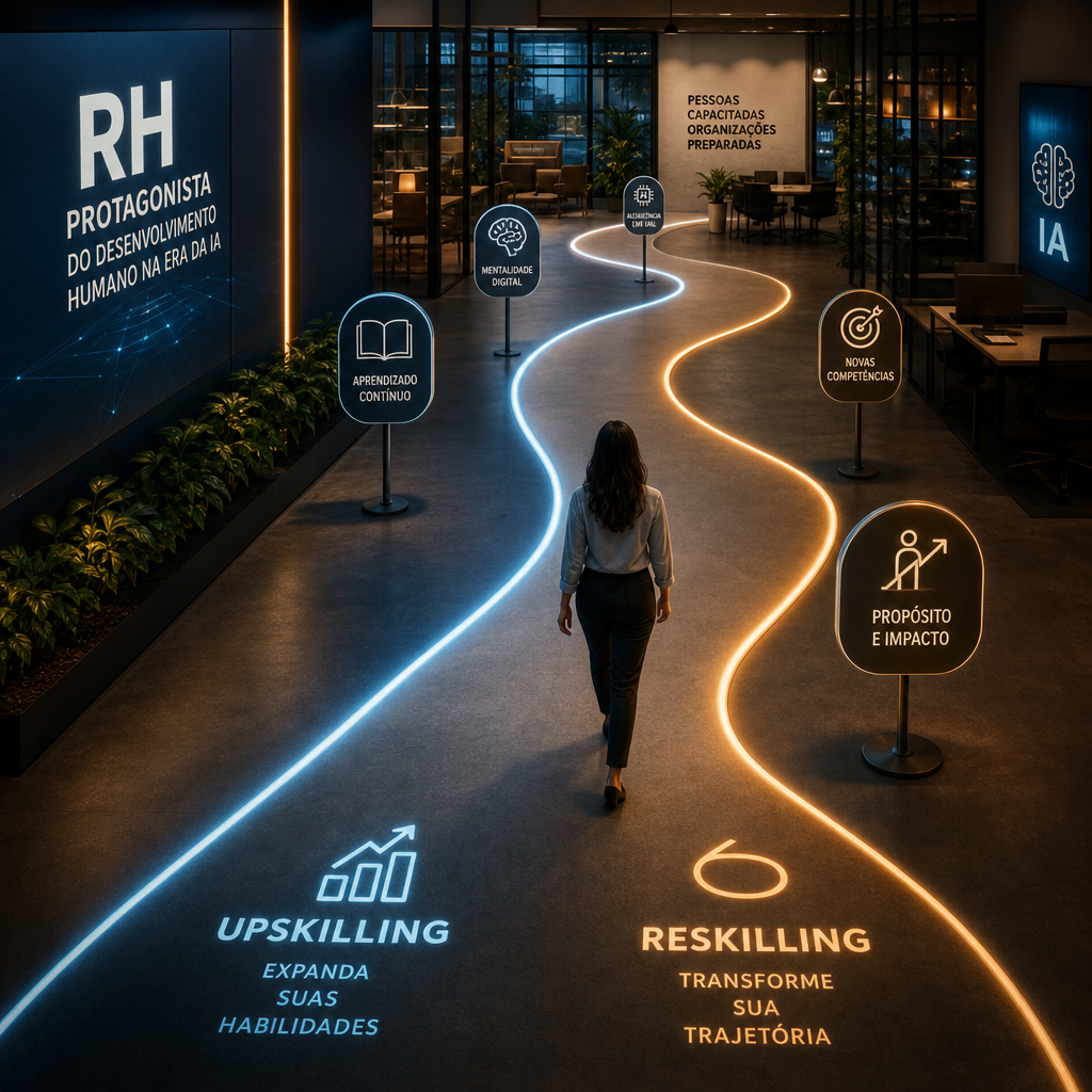 Trilha de aprendizagem contínua simbolizando upskilling e reskilling na era da IA, com colaborador caminhando em ambiente corporativo moderno
