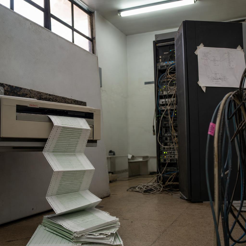Sala de servidor de TI de uma empresa de médio porte: impressora matricial antiga imprime formulário contínuo que se acumula no chão, rack de servidor com luzes de status e cabos emaranhados, diagrama manuscrito ilegível preso com fita na porta do rack