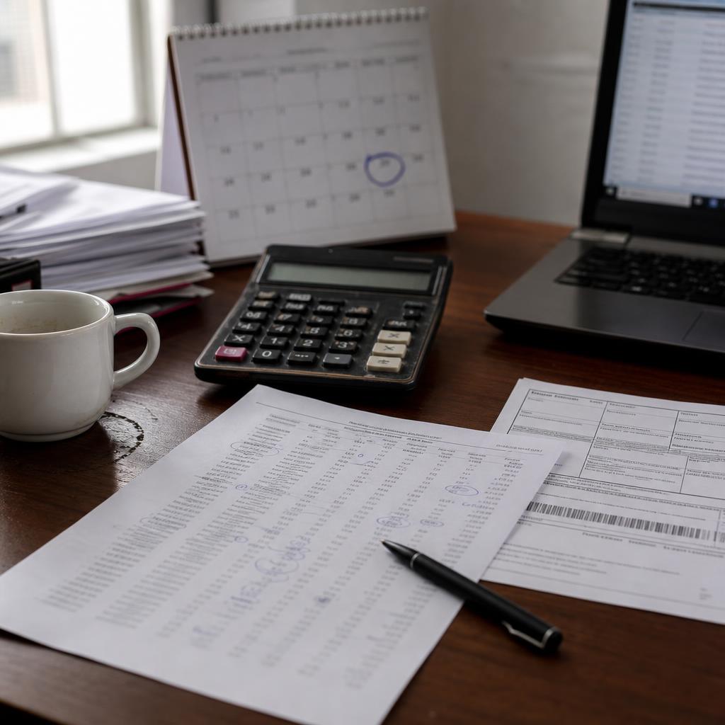 Mesa de trabalho de um controller com relatório impresso de contas a receber marcado à caneta, calculadora, calendário de parede, boleto de pagamento e xícara de café, com laptop desfocado ao fundo