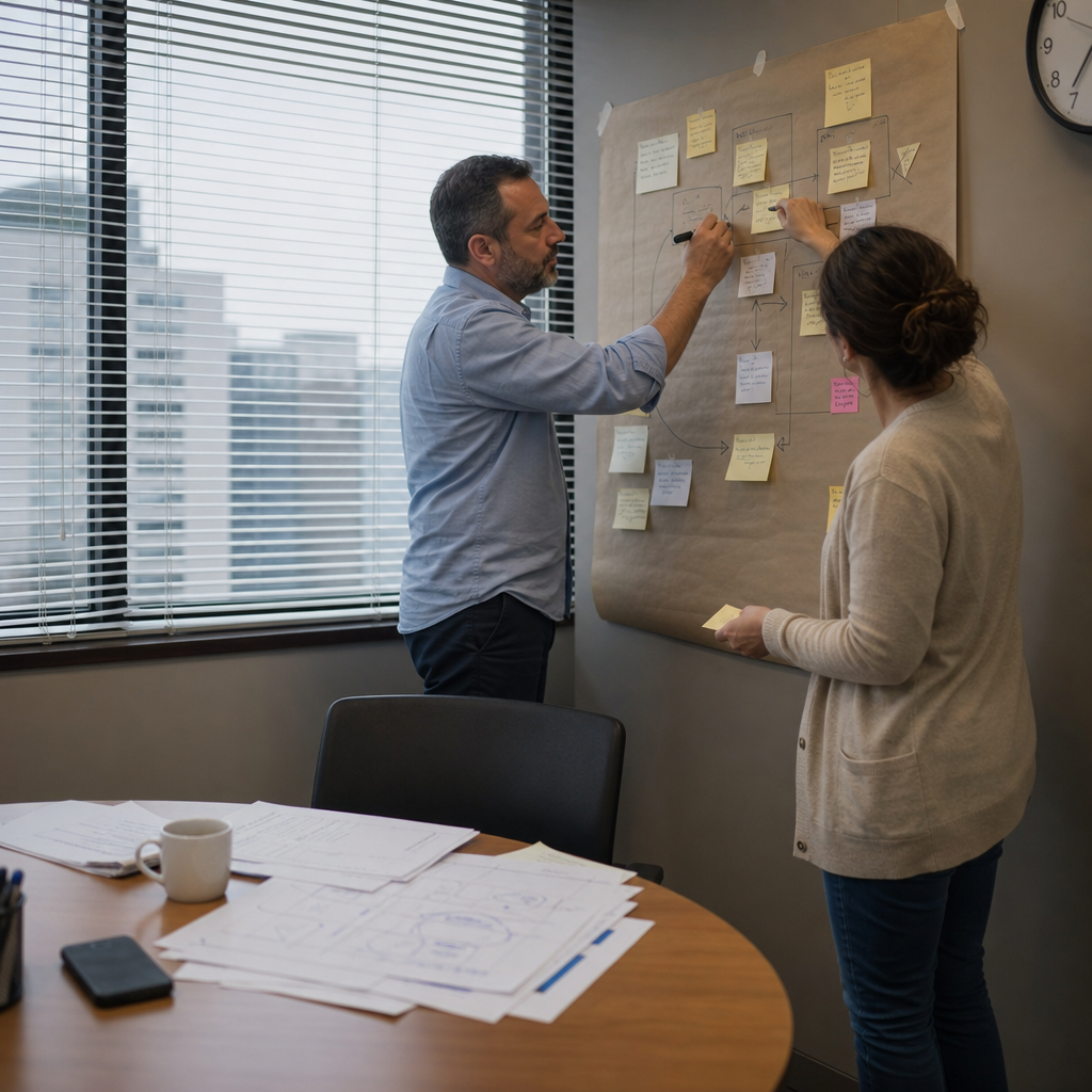 Dois analistas mapeiam um processo de trabalho com post-its e marcador em papel colado na parede de uma sala de reunião pequena, com documentos anotados à caneta sobre a mesa