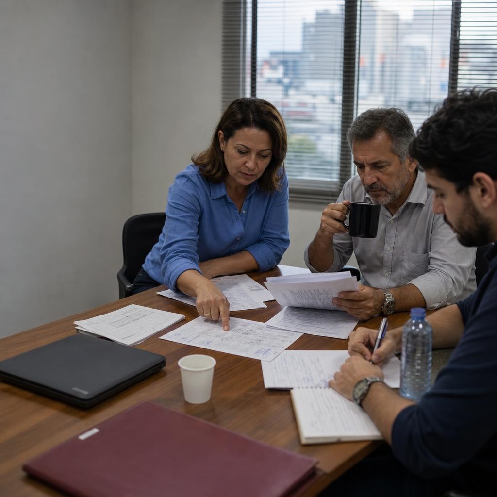 Três profissionais reunidos em sala de reunião pequena analisando relatórios impressos com anotações à caneta durante reunião de comitê de gestão
