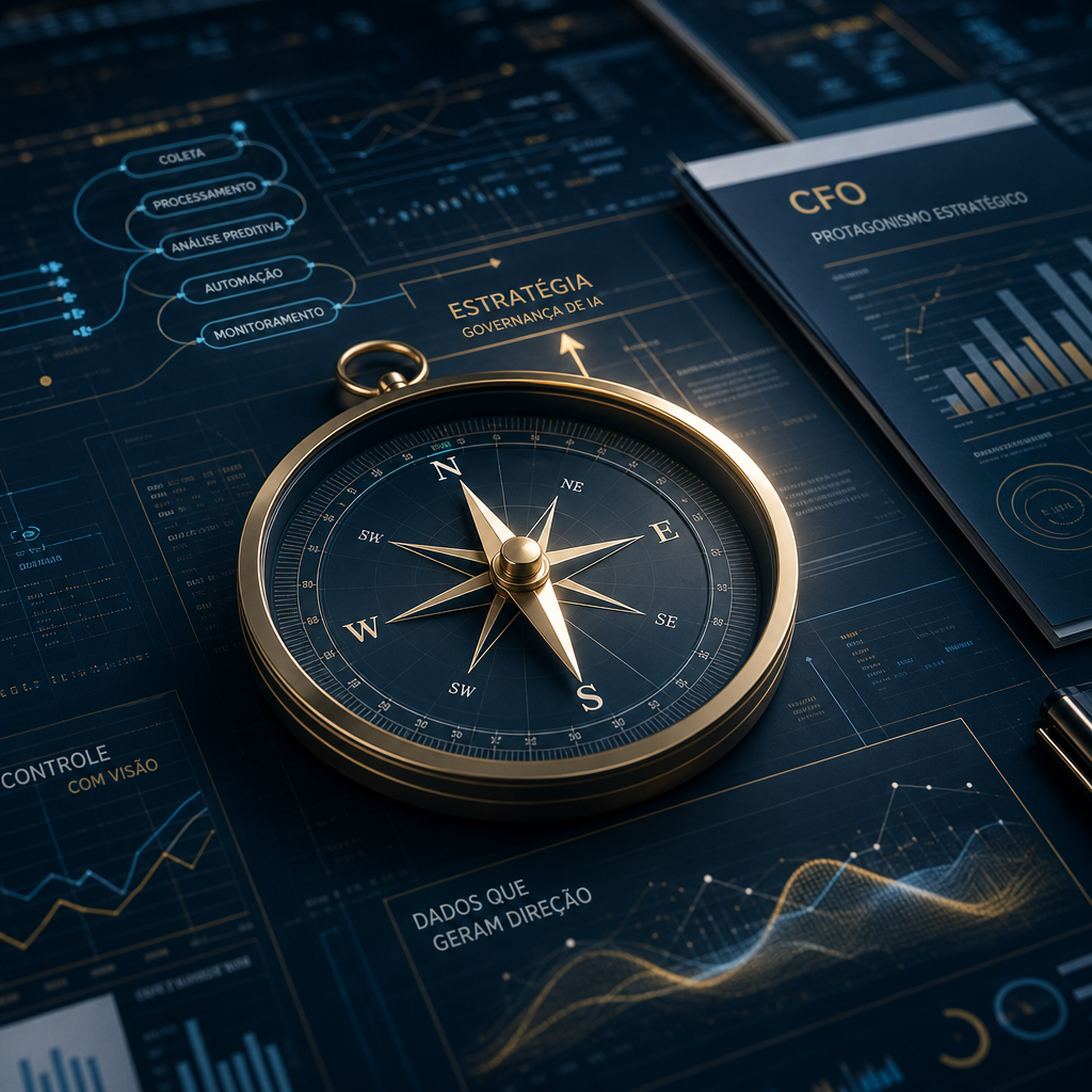 Controller estrategista: bússola sobre painel financeiro digital, simbolizando direção estratégica e controle automatizado