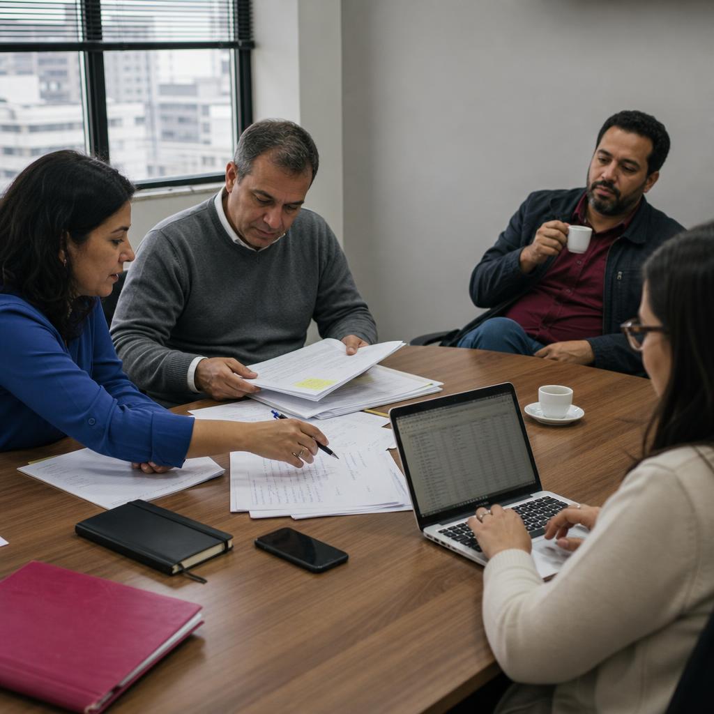 Reunião de quatro profissionais em sala de trabalho analisando documentos impressos com anotações à mão e um notebook, luz natural de janela