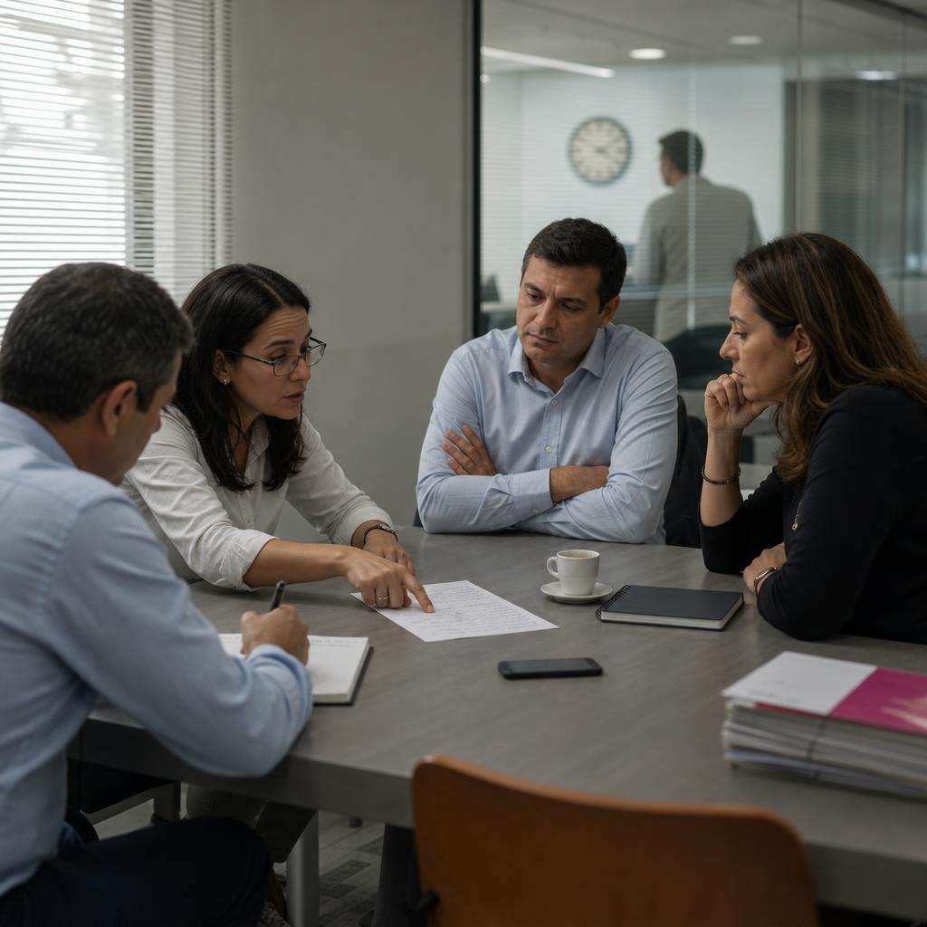Quatro executivos reunidos em sala pequena de reunião analisando uma pauta impressa de uma página com anotações à mão, xícara de café e pasta sobre a mesa
