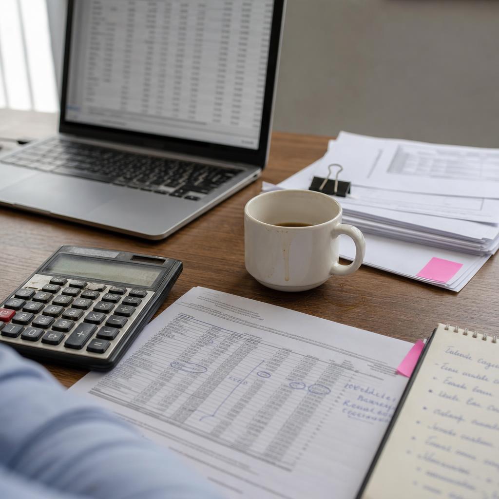 Mesa de trabalho de controladoria com planilha impressa de fluxo de caixa anotada à caneta, calculadora, xícara de café pela metade, extratos bancários presos com clipe e notebook aberto ao fundo, sob luz natural de janela