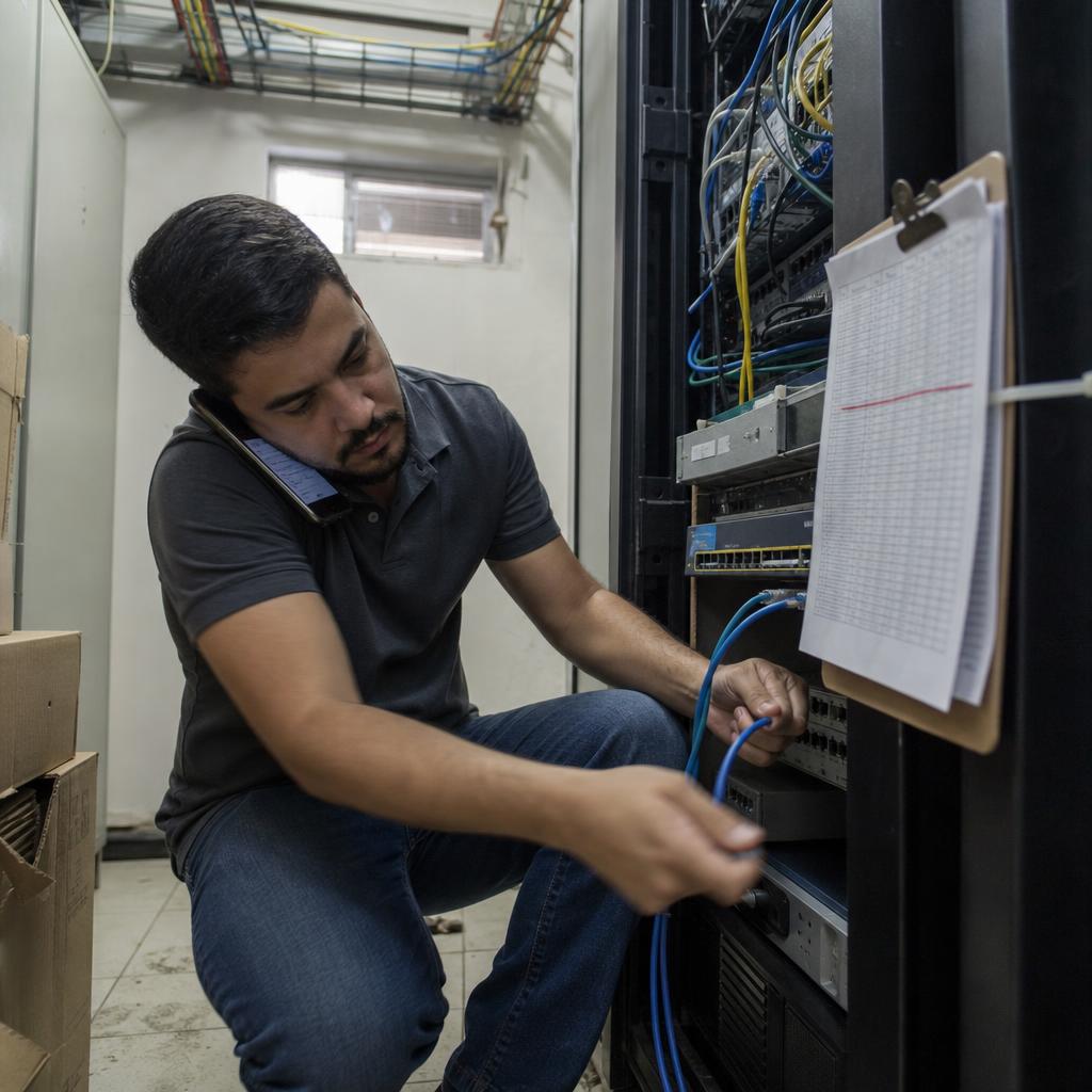 Coordenador de TI desconectando cabo de rede em sala de servidores