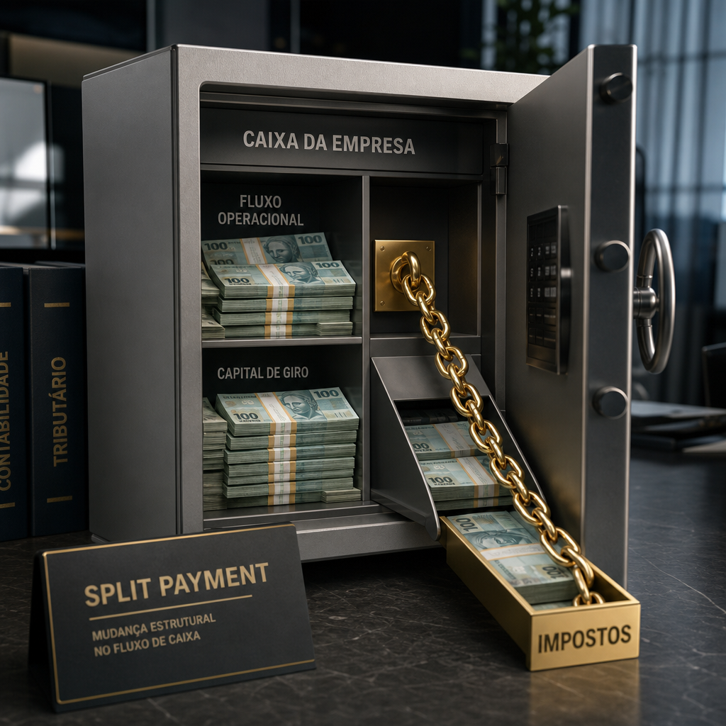 Cofre corporativo aberto com corrente dourada separando parte do dinheiro, simbolizando split payment e reprojeto do caixa