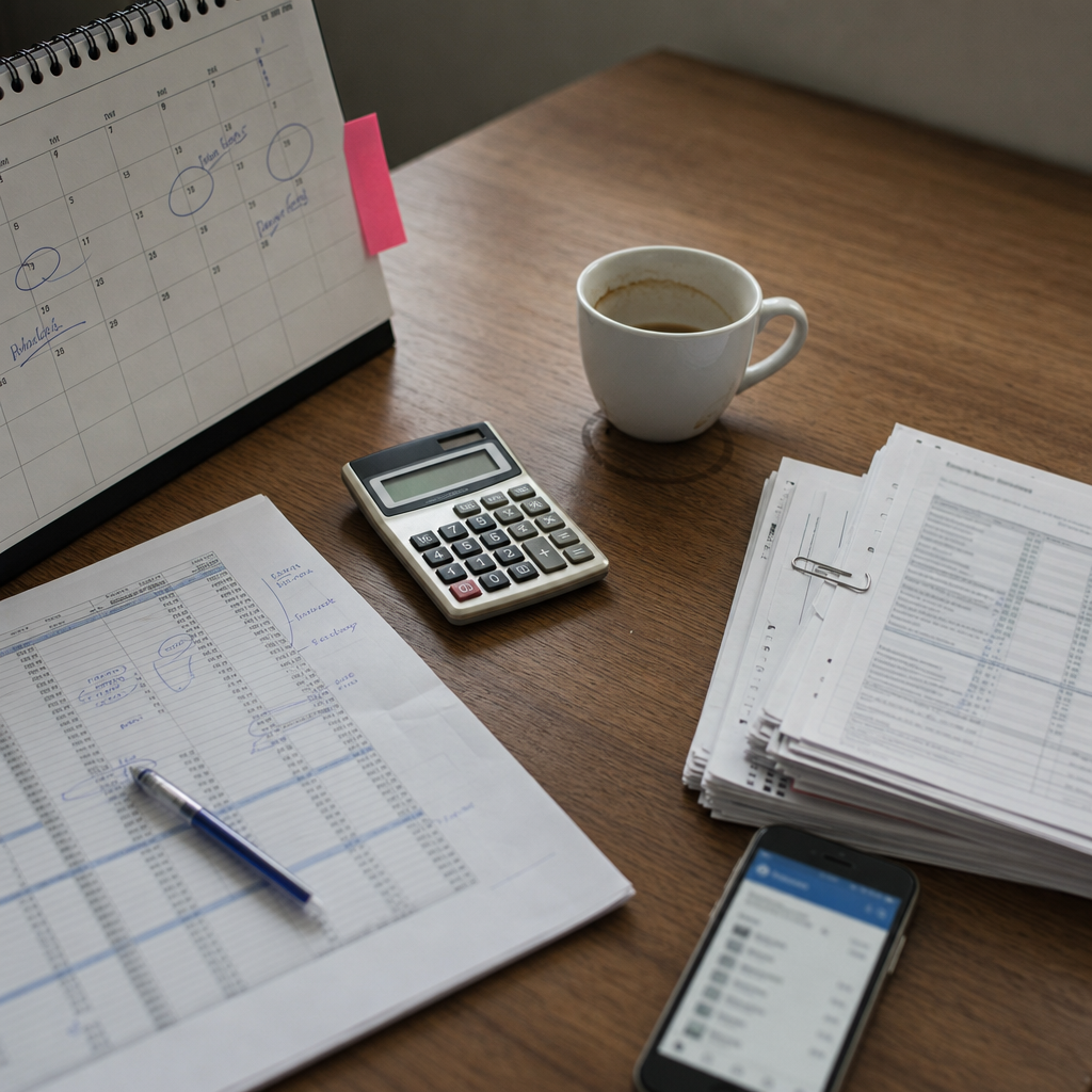 Mesa de trabalho de controladoria vista de cima, com calendário de mesa com datas marcadas à mão, planilha impressa de fluxo de caixa com anotações à caneta azul, calculadora, xícara de café pela metade e extratos bancários presos com clipe, sob luz natural difusa de janela