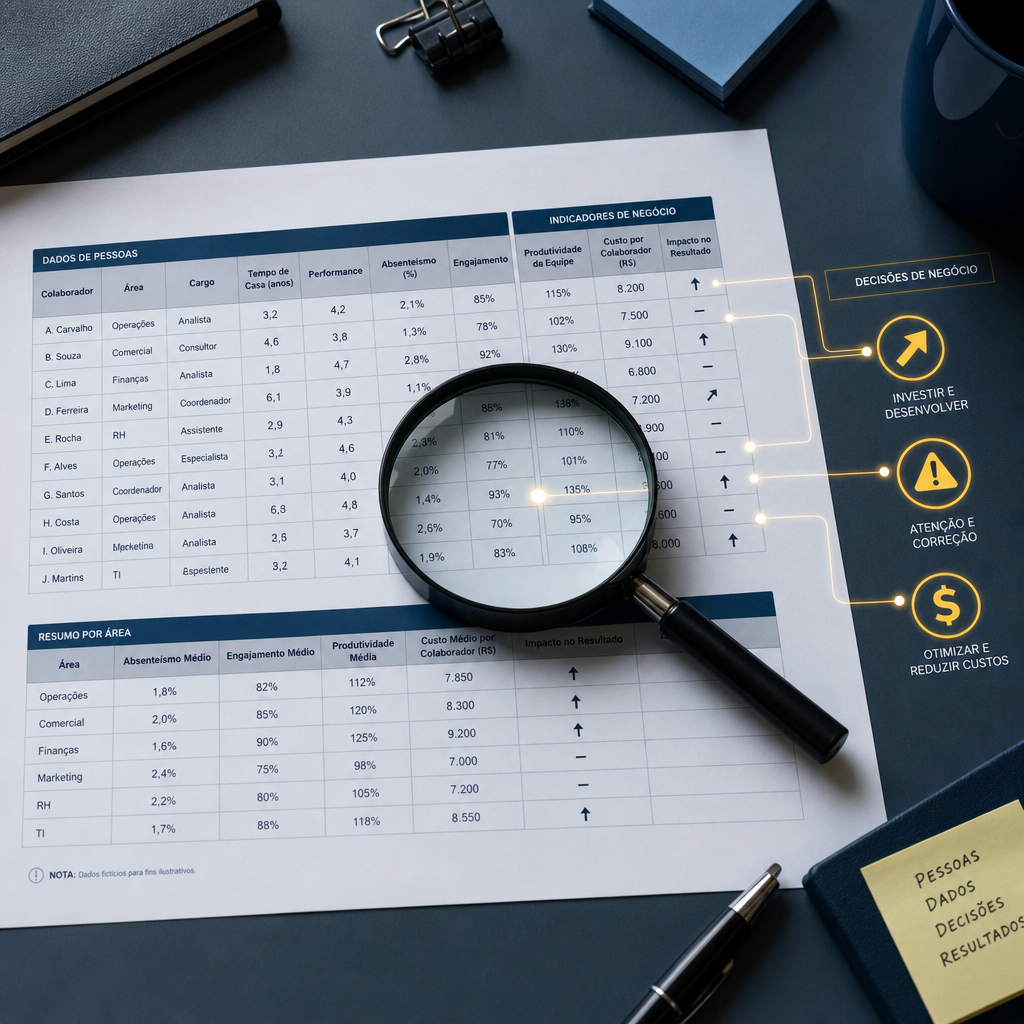 People Analytics: lente de aumento sobre planilha de RH conectando dados a decisões de negócio