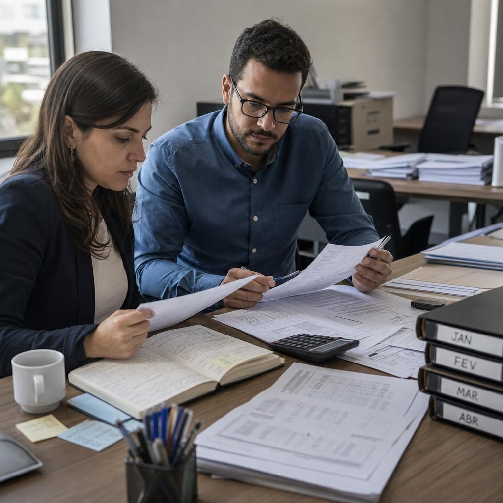 Profissionais de controladoria analisando relatórios financeiros em escritório brasileiro