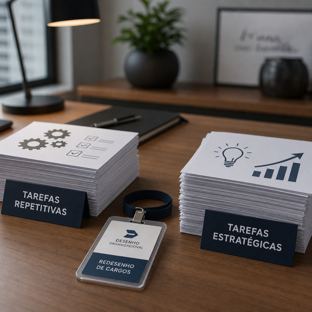 Redesenho de cargo representado por crachá corporativo e pilhas de tarefas estratégicas e repetitivas
