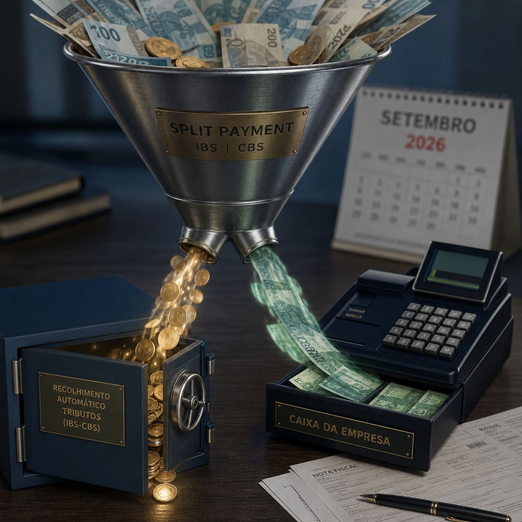 Decisão sobre split payment e fluxo de caixa representada por funil metálico com dois fluxos de dinheiro, mesa de controladoria e calendário de setembro/2026 ao fundo