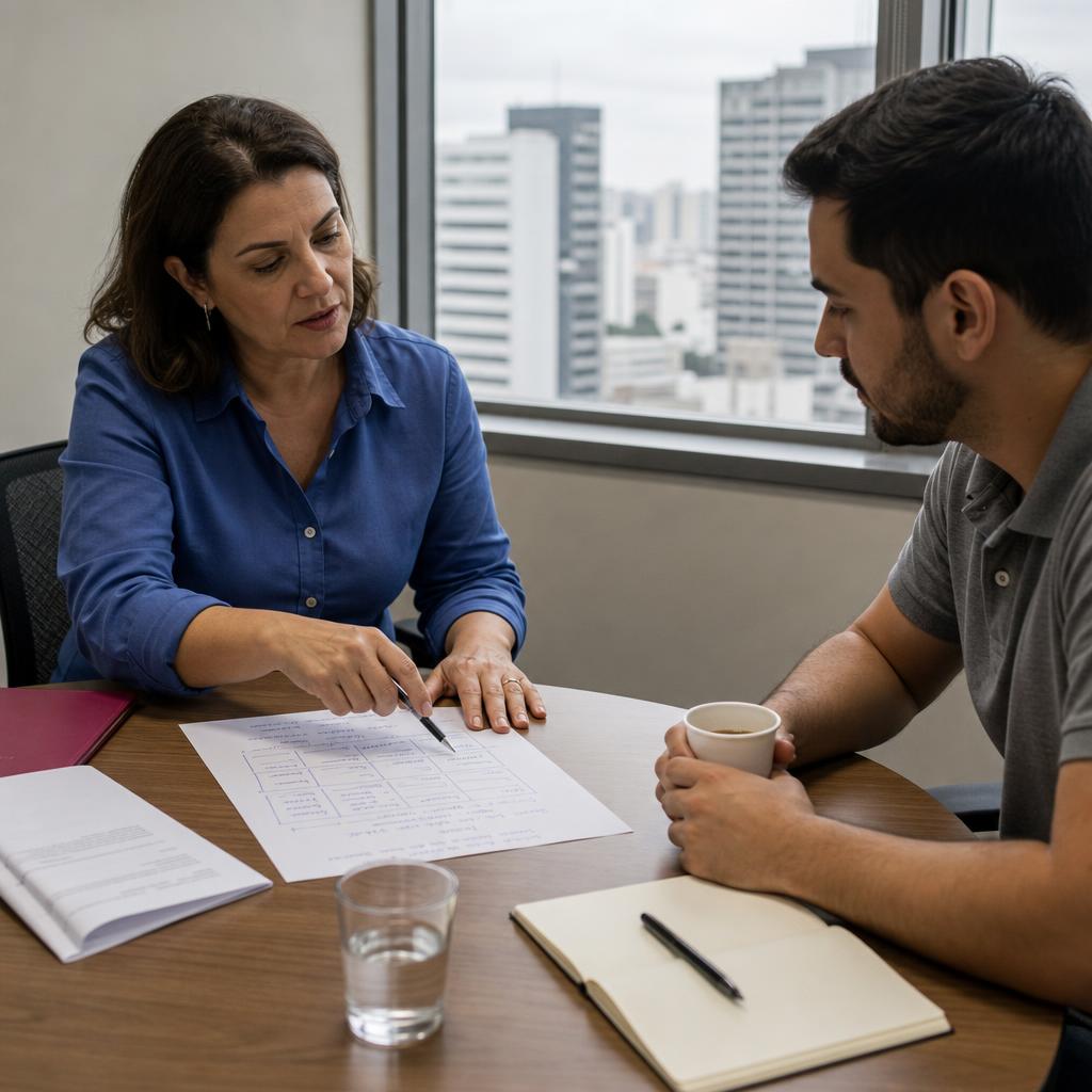 Gestora aponta com caneta para um plano de desenvolvimento impresso durante conversa de mentoria com um colaborador em sala de reunião pequena de escritório